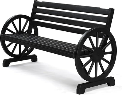 VINGLI 55" Rustic Wooden Wheel Bench Outdoor Bench, 2-Person Patio Bench Wagon Slatted Seat, Garden Benches for Outdoors 350lbs High Capacity, Weather Resistance ((Black)