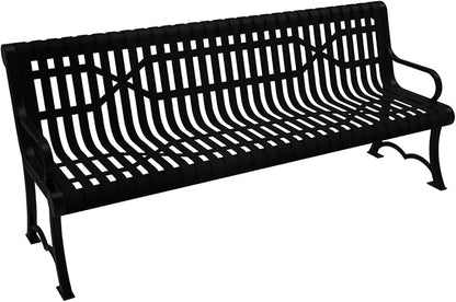 COATEDOUTDOORFURNITURE Coated Outdoor Furniture Heavy-Duty Outdoor Bench Thermoplastic Coated, Slated Steel, Commercial-Grade Garden Bench, Made in America (Portable with Back, 6 Ft, Black)