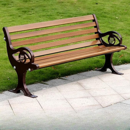 LITFAD Outdoor Bench Modern Park Bench with Corrosion Resistant Metal Frame, Dark Brown Wooden Seating with Backrest, Garden Bench for Patio, Lawn, Yard, Porch - Type E, 59" L x 21.5" W x 29.5" H