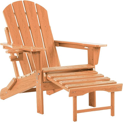 Adjustable Adirondack Rocking Chair with Retractable Ottoman, 4-in-1 Multifunctional Folding Patio Chair with Cup Holder, Outdoor Chair Wood Texture for Lawn, Porch, Backyard, Pool(Teak)