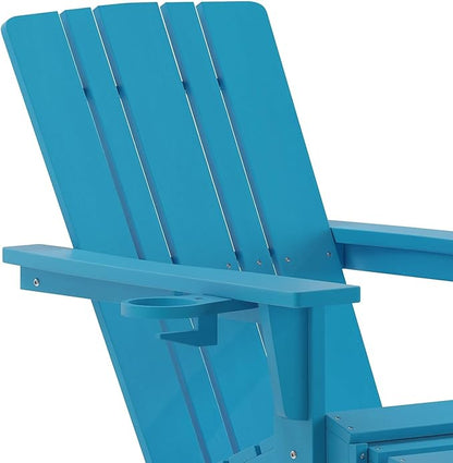 Flash Furniture Halifax Poly Resin Adirondack Chair with Cup Holder and Pull Out Ottoman, All-Weather Poly Resin Indoor/Outdoor Lounge Chair, Set of 2, Blue