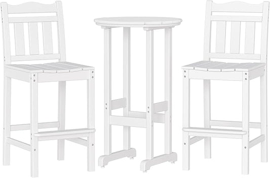 nalone Outdoor Bar Chairs and Table Set, HDPE Balcony Adirondack Chairs and Table 3 Pieces Set, Outdoor Bar Stools Set for Garden, Yard, Backyard (White, Bar Chairs with Table)