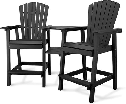 2-Pack High Back Adirondack Bar Stools with Connecting Tray, All-Weather HDPE Recycled Plastic Outdoor Bar Chairs, Umbrella Hole, Built-in Footrest, 350lbs Capacity for Deck/Patio/Backyard, Black