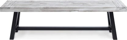 roomfitters Outdoor Dining Bench, Acacia Wood with Black Rustic Metal Finish Frame, Durable Bench for Garden, Porch, and Backyard, Light Grey