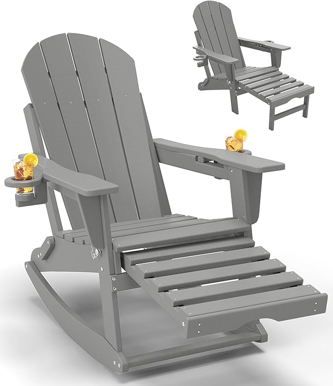Adirondack Rocking Chair with Retractable Ottoman, All Weather Folding Adirondack Chair with Two Cup Holders, Adirondack Outdoor Rocking Chairs for Porch, Patio, Balcony. White Grey