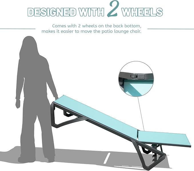 Domi Patio Lounge Chairs Set of 3, Aluminum Pool Chaise Lounge with Side Table,5 Position Adjustable Backrest and Wheels, Lounge Chairs for Pool, Garden, Beach, Backyard, Turquoise Blue