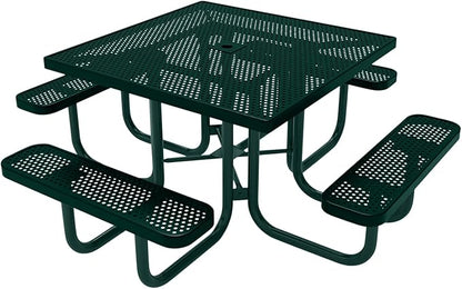 COATEDOUTDOORFURNITURE Heavy-Duty Portable Outdoor Picnic Table with Umbrella Hole, Punched Steel Commercial-Grade Patio Furniture Made in America (46" Square Top, Dark Green with Dark Green Frames)