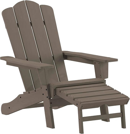 Flash Furniture Newport Poly Resin Adirondack Chair with Cup Holder and Pull Out Ottoman, All-Weather Poly Resin Indoor/Outdoor Lounge Chair, Brown