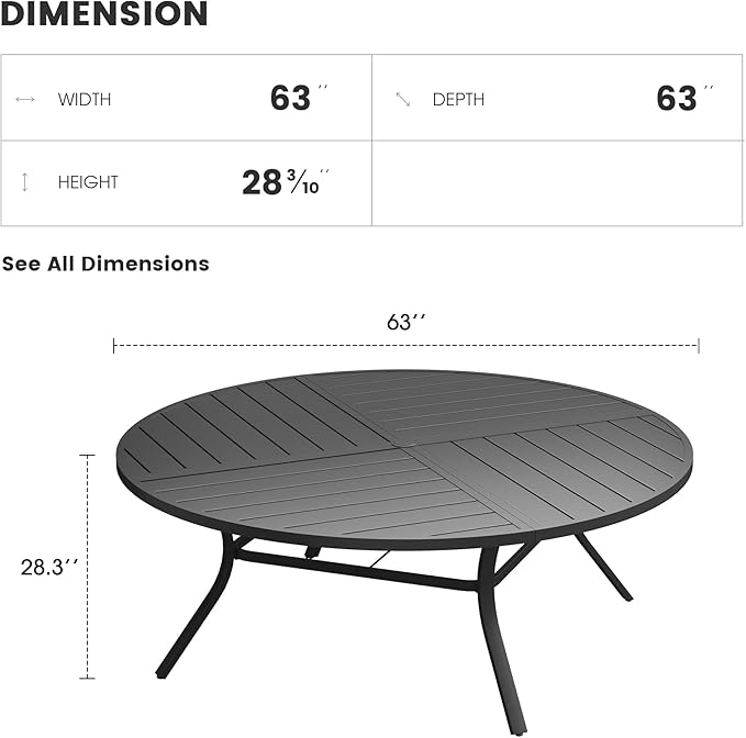Patio Dining Table for 8-10, Round Metal Outdoor Table with Storage Shelf, 1.57" Umbrella Hole, 63" Outdoor Quartered Tabletop Dining Table for Backyard, Porch, Lawn, Black