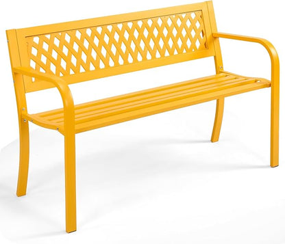 Yellow Garden Bench 47 inch Iron PVC, Outdoor Patio Bench, All-Weather Black Bench for Porch, Lawn, Backyard (Yellow) Patio Park Outside Benches for Front Porch, Patio Seating Benchs
