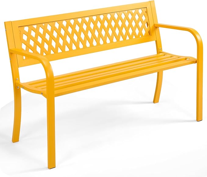 47" Outdoor Garden Bench, Patio Metal Frame Park Bench with Mesh Pattern Backrest for Porch, Lawn, Deck