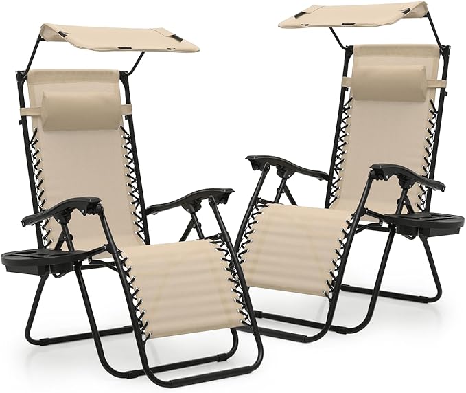 Athena Collection Patio Chairs Set of 2 Reclining Lounge Chair with Cup Holder and Pillow Fabric Camping Chairs with Canopy Foldable Beach Chairs for Garden, Park, Deck, Yard, Poolside, Cream