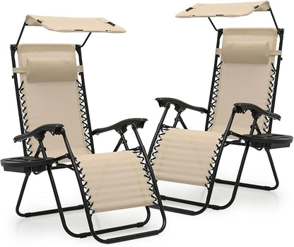Athena Collection Patio Chairs Set of 2 Reclining Lounge Chair with Cup Holder and Pillow Fabric Camping Chairs with Canopy Foldable Beach Chairs for Garden, Park, Deck, Yard, Poolside, Cream