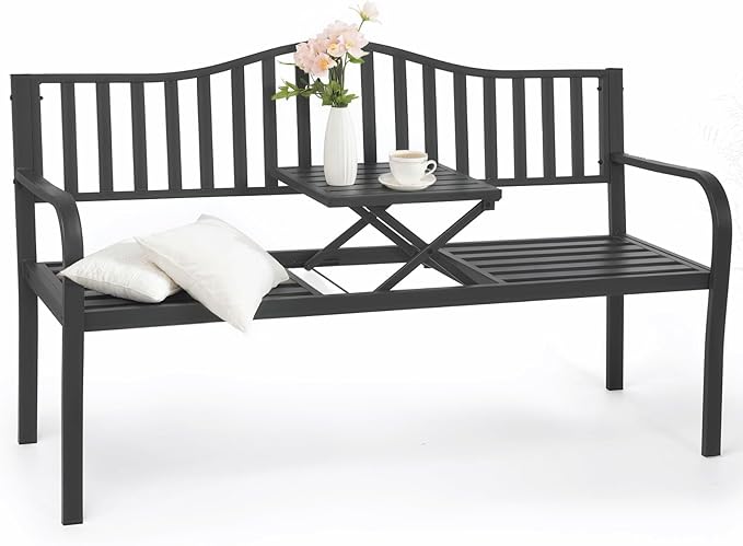 BODIOO Outdoor Metal Garden Bench 59" Patio Bench with Built in Table Park Bench, Outside Bench Weather Proof Front Porch Bench, 500lbs, Gray
