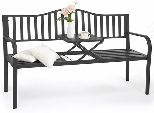BODIOO Outdoor Metal Garden Bench 59" Patio Bench with Built in Table Park Bench, Outside Bench Weather Proof Front Porch Bench, 500lbs, Gray
