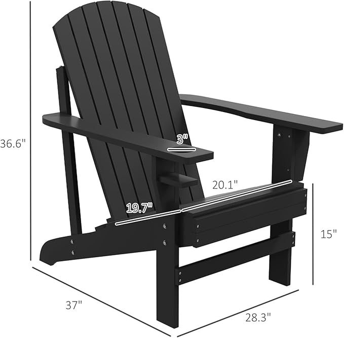 Folding Adirondack Chair, Weather Resistant Outdoor Patio Chair with Cup Holder for Lawn, Backyard, Poolside(Black)