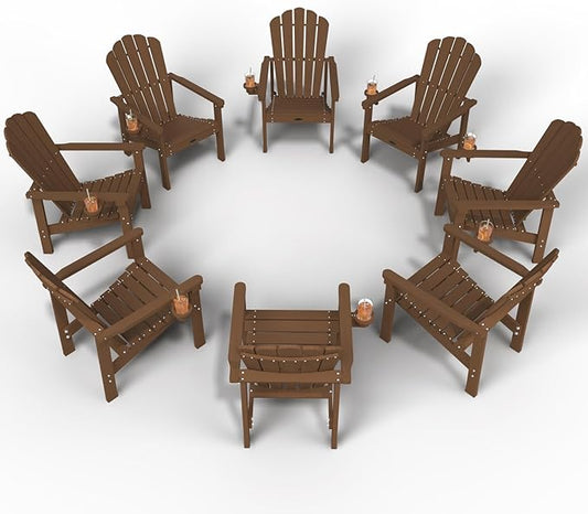 Stackable Adirondack Chair Set of 8, HDPE All-Weather Adirondack Chairs - Durable and Space Saving, Plastic Outdoor Fire Pit Chairs with Cup Holder,Wood