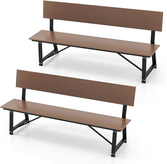 Giantex 72 Inches Outdoor Bench with Weatherproof HDPE Backrest & Seat, Heavy Duty Metal Frame, 1100 Lbs Capacity, Park Bench for 4-Person, Lawn, Porch, Deck, Patio (2, Brown)