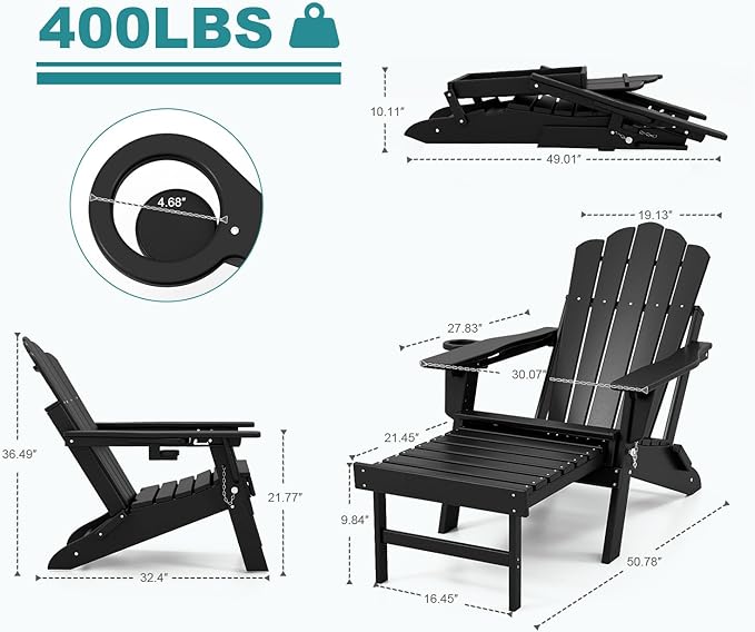 FOOWIN Adjustable Adirondack Chair with Retractable Ottoman Set of 6, Folding Adirondack Chair with Cup Holder, HDPE All-Weather Fire Pit Chair for Patio, Yard, Poolside, Black