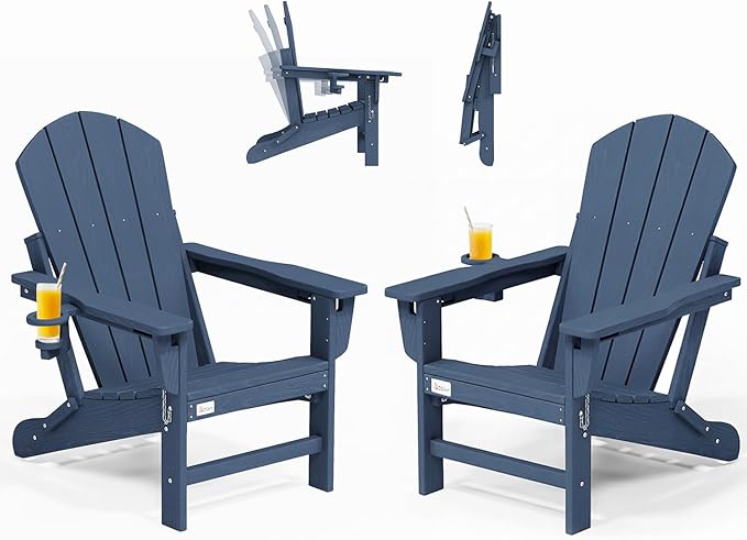 Mdeam 3-Position Adjustable Adirondack Chairs Set of 2, 400LBS Capacity, Cup Holder, Wooden Textured, All-Weather HDPE Folding Fire Pit Outdoor Chairs for Poolside Deck Patio Garden Yard - Navy Blue