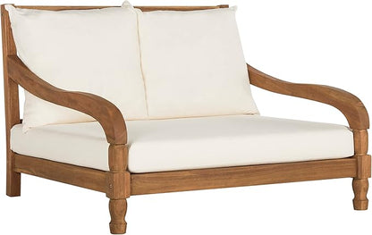 SAFAVIEH Outdoor Collection Pomona Natural Solid Wood/Beige Lounger Bench Sofa Loveseat (PAT6740A)