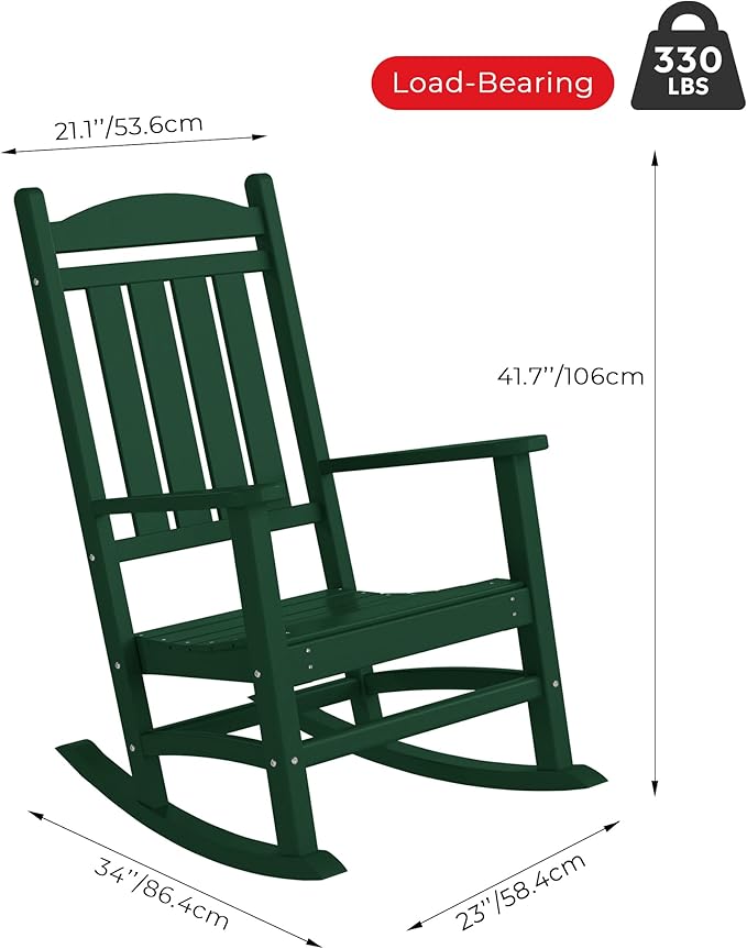 Costaelm Oversized Outdoor Rocking Chair, High Back Porch Rocker Chair, HDPE All Weather Resistant Outdoor Seating Furniture Wide Rocker Chair for Patio, Lawn, Garden, Dark Green