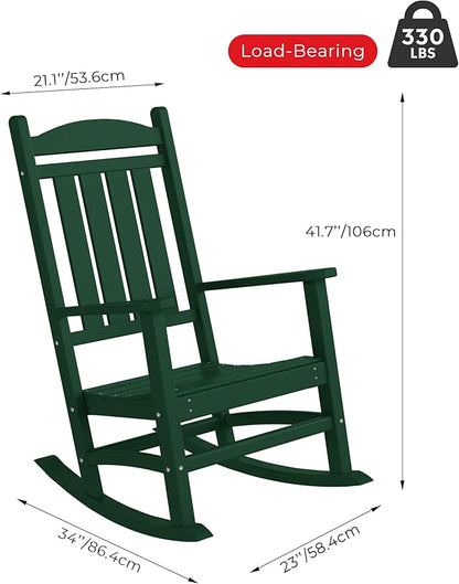 Costaelm Oversized Outdoor Rocking Chair, High Back Porch Rocker Chair, HDPE All Weather Resistant Outdoor Seating Furniture Wide Rocker Chair for Patio, Lawn, Garden, Dark Green
