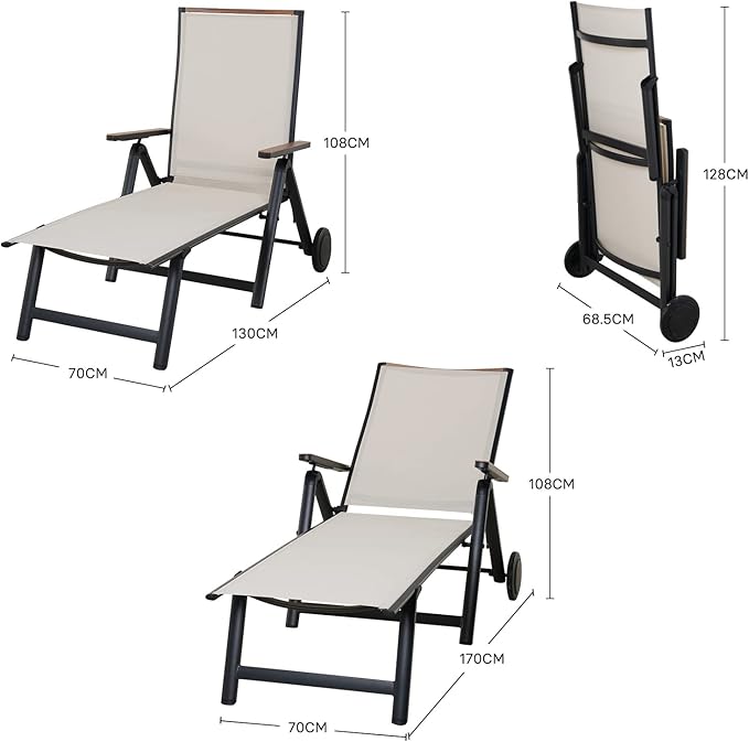 Grand patio Outdoor Chaise Lounge Chair Set of 2 with 6-Position Adjustable Sling Backrest, Aluminum Folding Portable Wood Grain Chair with Wheels for Beach, Backyard, Poolside, Lawn, White