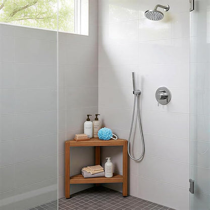 Asta Bora Solid Teak Indoor Outdoor Shower/Bath/Spa Corner Stool with Shelf, Fully Assembled, SpaTeak Collection, TB-009