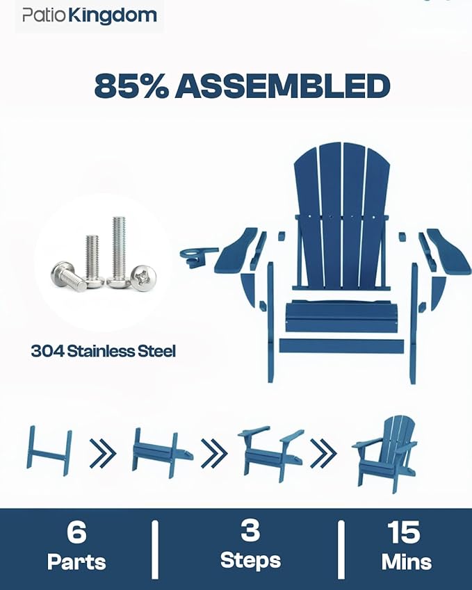 Navy Blue 6-Piece Folding Adirondack Chair Set with Cup Holders, Ottomans, Side Table & Beige 9FT Patio Umbrella with Base, HDPE Outdoor Chairs