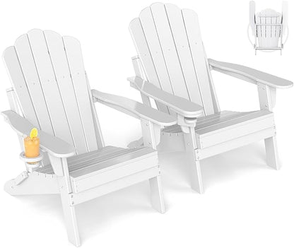 GREENVINES Oversized-Folding-Adirondack-Chairs-Set-of-2 | HDPE Plastic | Cup Holder | Fire Pit Chair | All Weather | for Outdoor Deck Backyard | White