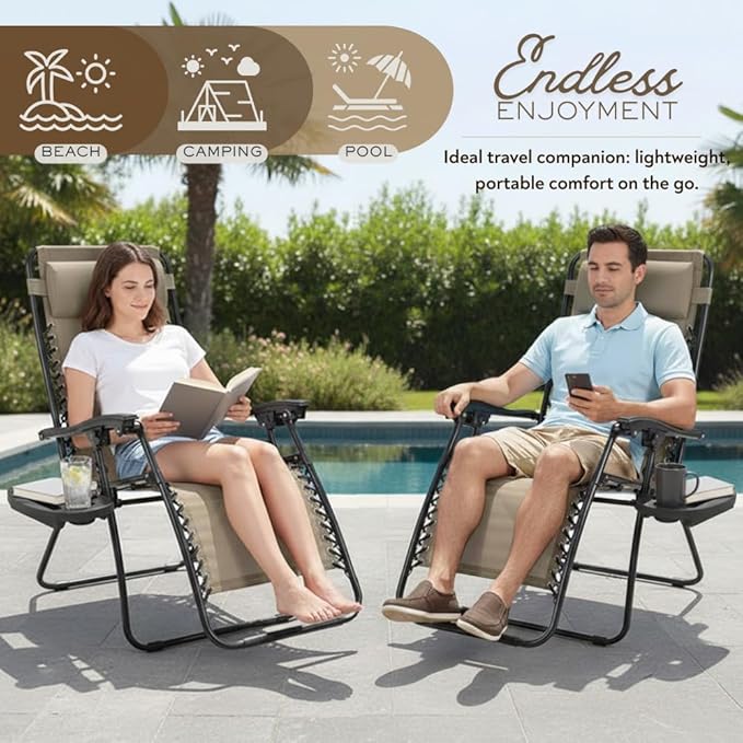2-Pack Adjustable Zero Gravity Lounge Chair with Steel Mesh Fabric: Reclining Lawn Chair Featuring Comfort Pillow - Photo 3