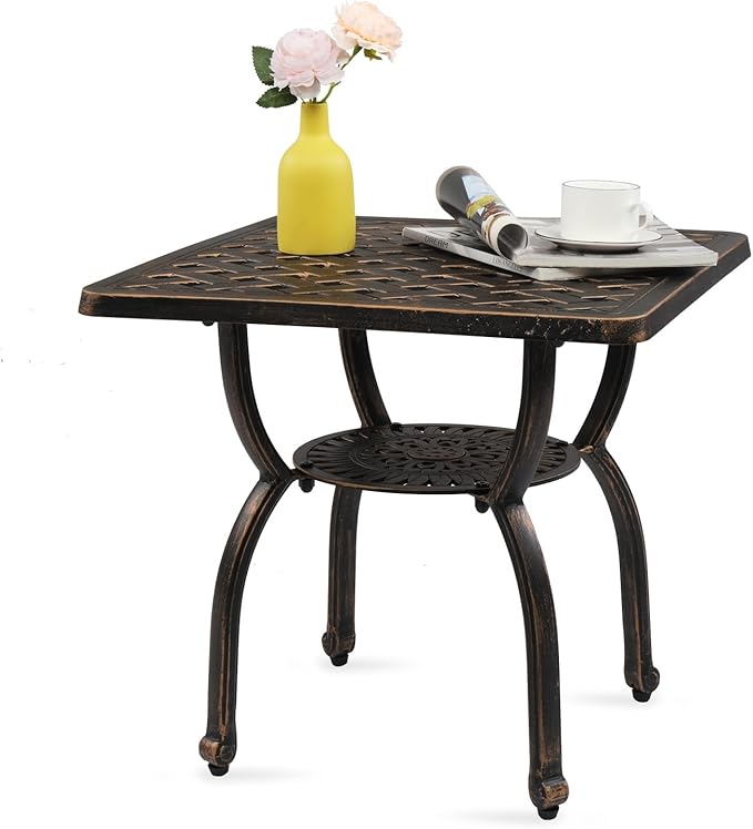 Outdoor Cast Aluminum Side Table,Cast Aluminum Outdoor Anti-Rust Patio Coffee Bistro Table for Indoor,Garden,Porch,Balcony(Square Antique Bronze)