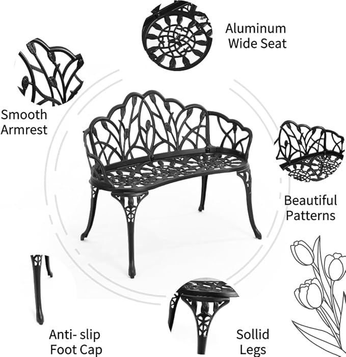 Patio Aluminum Outdoor Bench, Garden Metal Loveseat Furniture, Vintage Tulip Carving Antique Black Front Porch Chair Seat