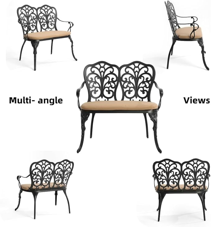 Patio Aluminum Outdoor Bench with Soft Cushion, Garden Metal Loveseat Furniture, Vintage Carving Antique Black Front Porch Chair Seat