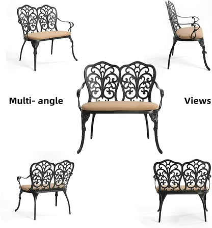 Patio Aluminum Outdoor Bench with Soft Cushion, Garden Metal Loveseat Furniture, Vintage Carving Antique Black Front Porch Chair Seat