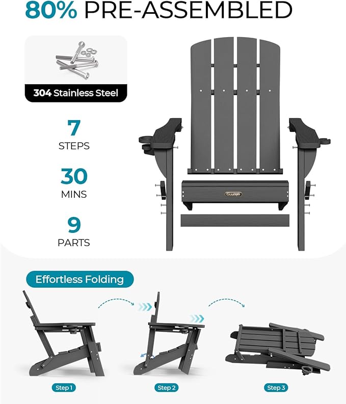 Folding Adirondack Chair, HDPE All-Weather Fire Pit Chairs, Plastic Adirondack Chairs with 2 Cup Holder, Outdoor Lawn Chair for Patio Garden (Grey)