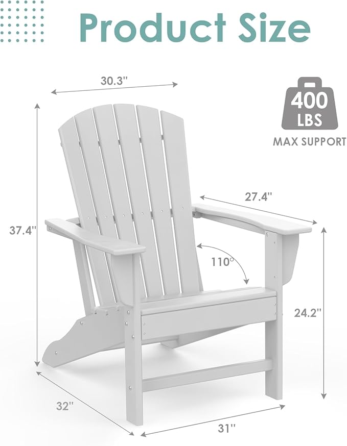 IVY&LANE Adirondack Chairs Set of 2 | HDPE Plastic | Outdoor Fire Pit Chairs | Oversized | All-Weather | White | for Outside Deck Backyard Patio Poolside Porch Lawn