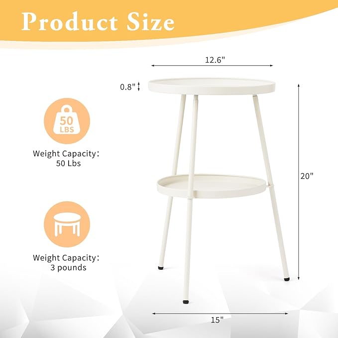 Outvita Outdoor Round Side Table, Small Metal End Table Black Coffee Table for Patio Lawn Garden Living Room Bedroom Sturdy (Double Layer, Creamy White)