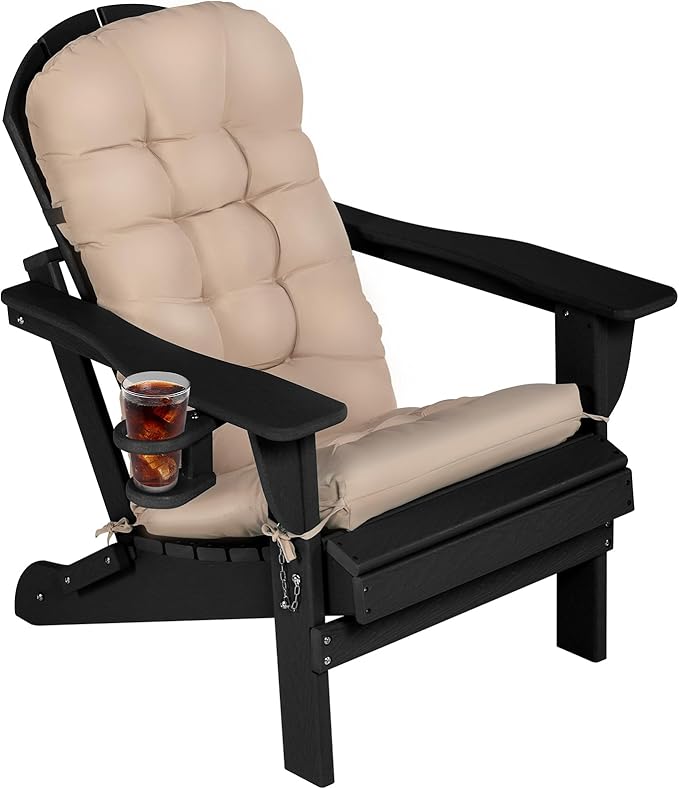 Adirondack Chair with Cushion & Cup Holder, HDPE Folding Adirondack Chair with Wood-Like Grain Outdoor Fire Pit Chairs for Patio/Porch/Swimming Pool/Camping (Black)