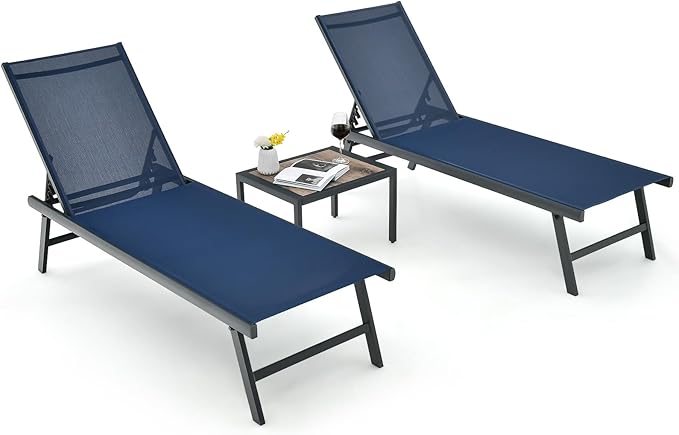 Tangkula 3 Piece Patio Chaise Lounge Set, Aluminum Patio Recliner with Coffee Table, 6-Level Backrest Adjustment, Outdoor Lounge Chair & Side Table Set for Poolside, Backyard (Navy Blue)
