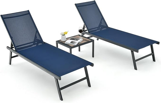 Tangkula 3 Piece Patio Chaise Lounge Set, Aluminum Patio Recliner with Coffee Table, 6-Level Backrest Adjustment, Outdoor Lounge Chair & Side Table Set for Poolside, Backyard (Navy Blue)