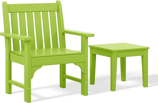 Costaelm Outdoor Patio Table and Chairs Set of 2, 2-Piece HDPE Garden Chair with Square Adirondack Side Table Set, Porch Chairs Coffee Table for Outside Porch Backyard, Lime