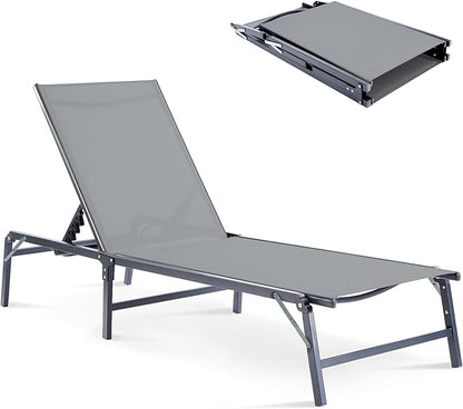 Outdoor Chaise Lounge Chair, Foldable & Assemble-Free, 6 Adjustable Positions, Durable Rust-Resistant Frame, Portable Outdoor Pool Lounge Chairs for Pool Patio Beach, Grey