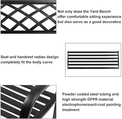 45.5in Outdoor Patio Garden Bench Mesh Pattern Loveseat,Cast Iron Heavy Duty Front Porch Chair w/Steel Frame- Easy Assembly Rust Free for Park Yard Backyard Lawn Pool Decor Deck Furniture- Black