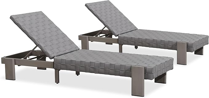 PURPLE LEAF Patio Lounge Chair Modern Luxury Outdoor Chaise Lounge 2 Pieces with Adjustable Backrest PU Leather Style Chaise Lounge Chairs for Pool Garden Backyard Beach, Grey