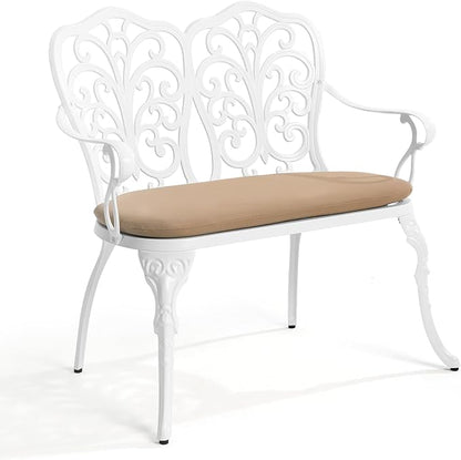Outdoor Bench with Cushion, Cast Aluminum Double Seating with Backrest and Armrests, Mental Outdoor Furniture for Patio, Porch, Garden, Park, White Butterfly