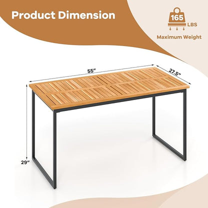 Tangkula 55 Inches Acacia Wood Patio Dining Table for 6, Rectangle Outdoor Table with Heavy Duty Metal Legs and Umbrella Hole, Outside Table for Backyard, Deck, Lawn, Poolside