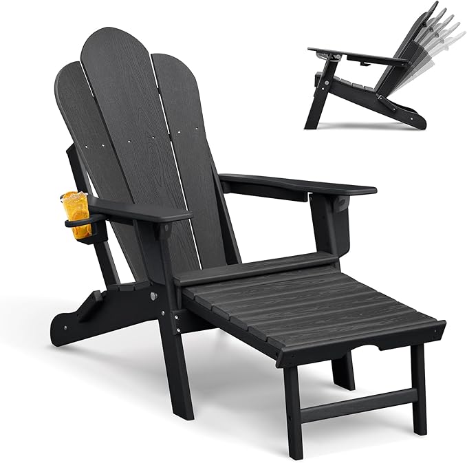 GOWE Folding Outdoor Adirondack Chair with Ottoman,HDPE All-Weather Folding Fire Pit Chair, Ergonomic Design Patio Lawn Chair for Outside Deck Garden Backyardf Balcony,Black