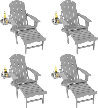 FOOWIN Folding Adjustable Adirondack Chair with Retractable Ottoman Set of 4, HDPE Adirondack Chair w/4 in 1 Cup Holder Trays,All-Weather Resistant Fire Pit Chair for Outdoor Patio Lawn, White Grey